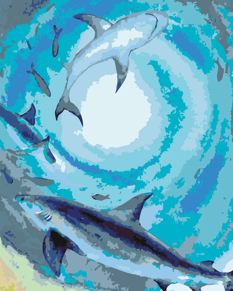 Diamond painting - EIN SCHWARM VON HAIEN UND FISCHEN, DIE IM DUNKLEN MEER SCHWIMMEN