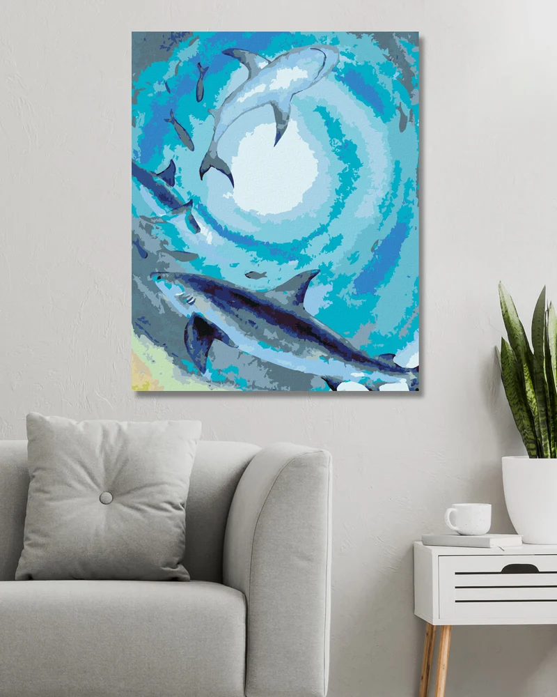Diamond painting - EIN SCHWARM VON HAIEN UND FISCHEN, DIE IM DUNKLEN MEER SCHWIMMEN