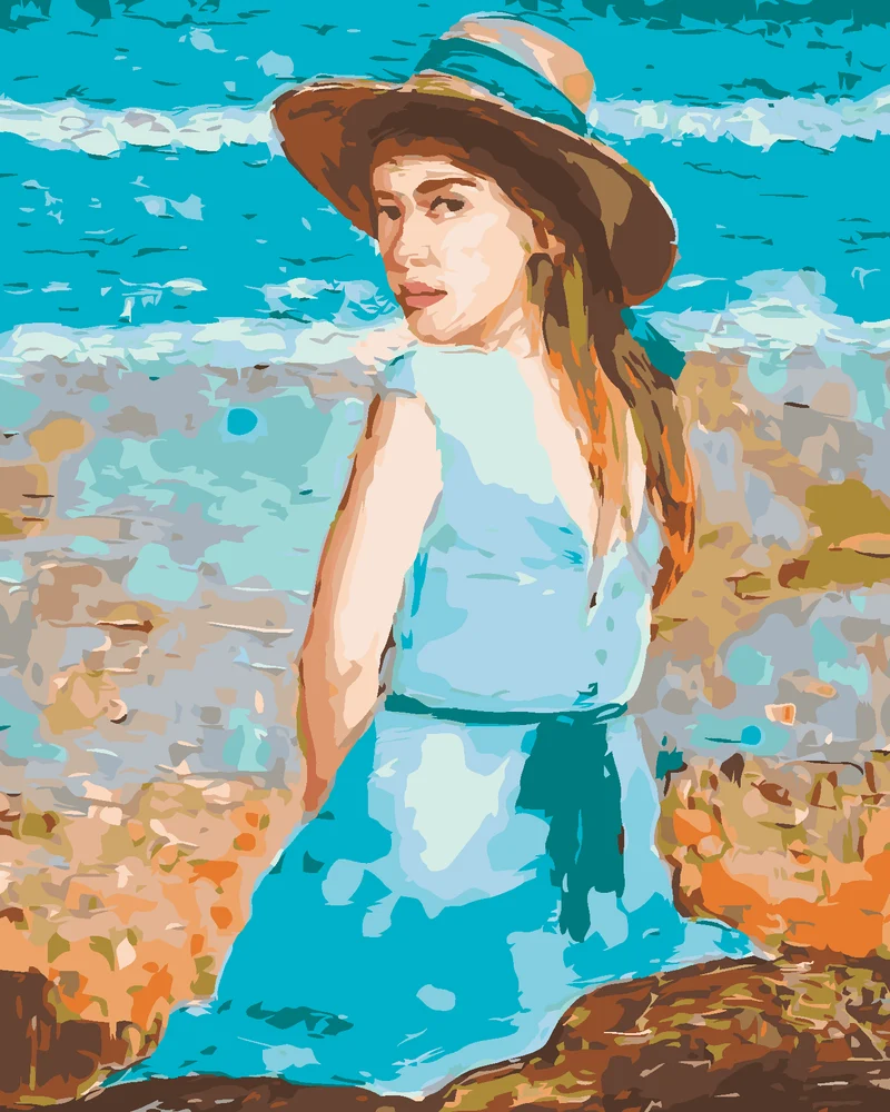 Diamond painting - MÄDCHEN IN BLAUEM KLEID MIT HUT