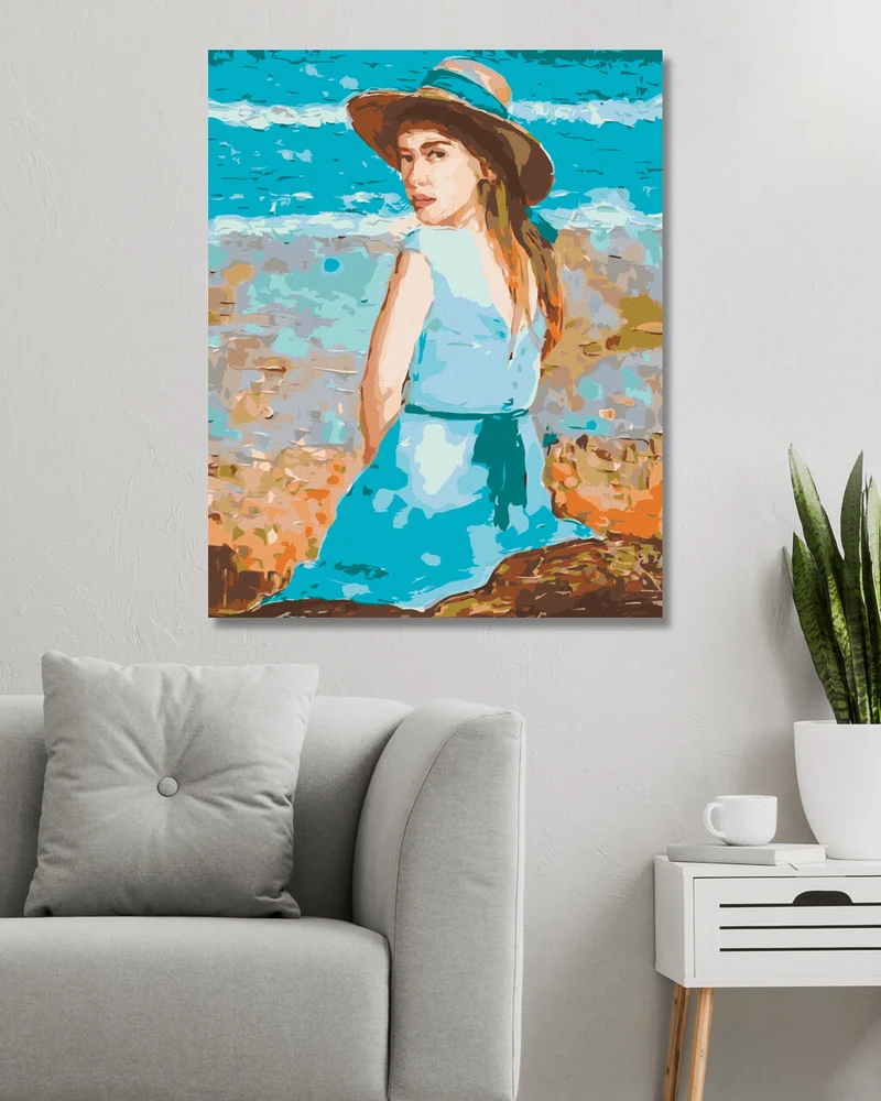 Diamond painting - MÄDCHEN IN BLAUEM KLEID MIT HUT
