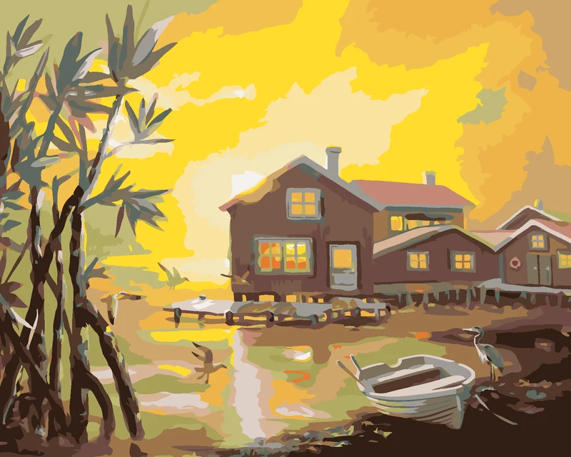Diamond painting - HÄUSER MIT STEG AM SEE, REIHER UND MÖWEN UND SONNENUNTERGANG (D. RUSTY RUST)