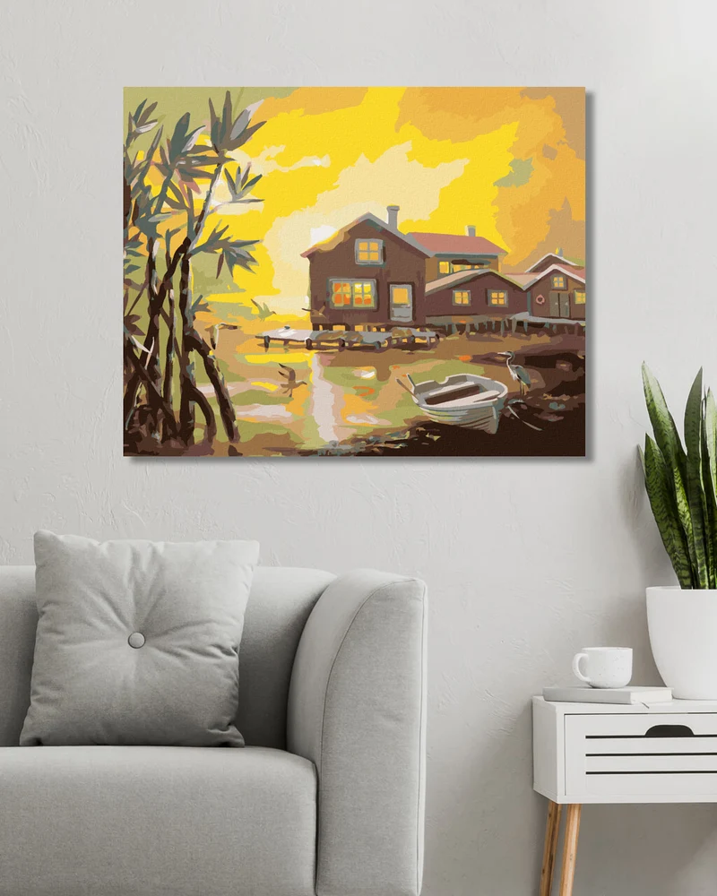 Diamond painting - HÄUSER MIT STEG AM SEE, REIHER UND MÖWEN UND SONNENUNTERGANG (D. RUSTY RUST)