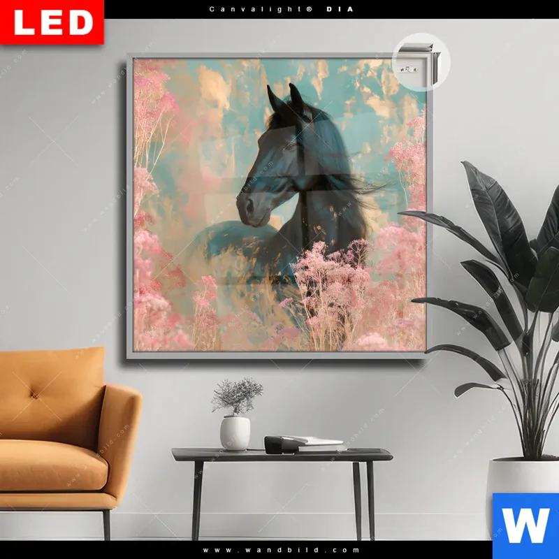 Leuchtbild Acrylglas Canvalight® DIA | Schwarzes Pferd im Blütenmeer | Quadrat