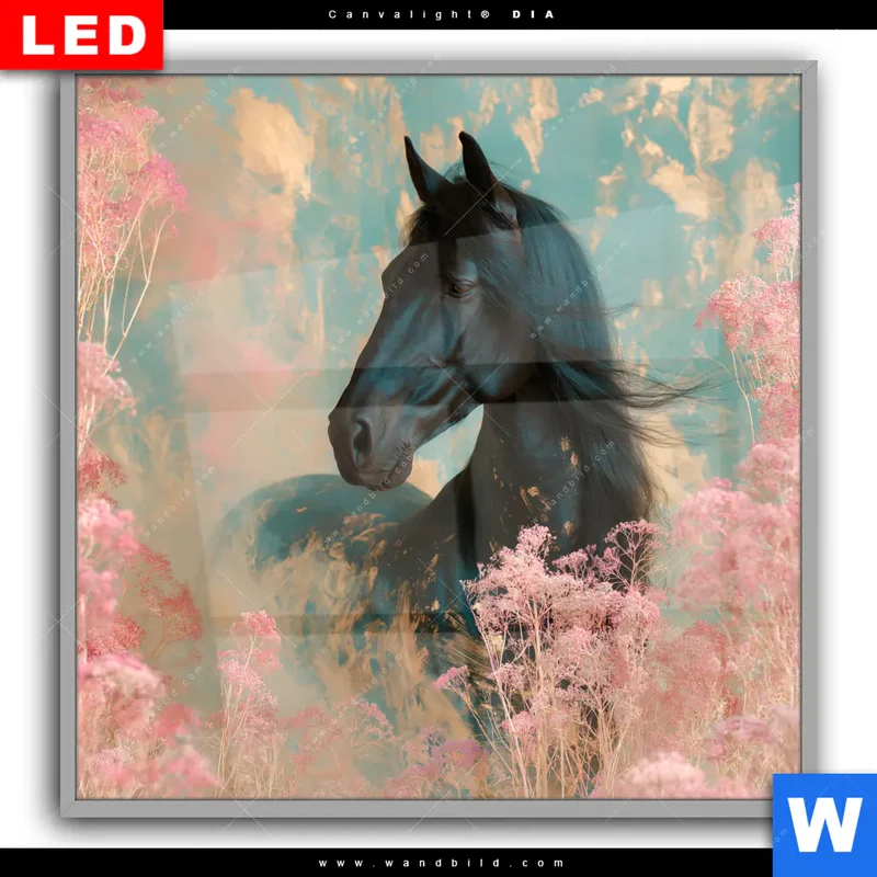 Leuchtbild Acrylglas Canvalight® DIA | Schwarzes Pferd im Blütenmeer | Quadrat