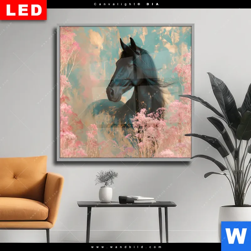 Wechselmotiv Acrylglas Canvalight® DIA | Schwarzes Pferd im Blütenmeer | Quadrat