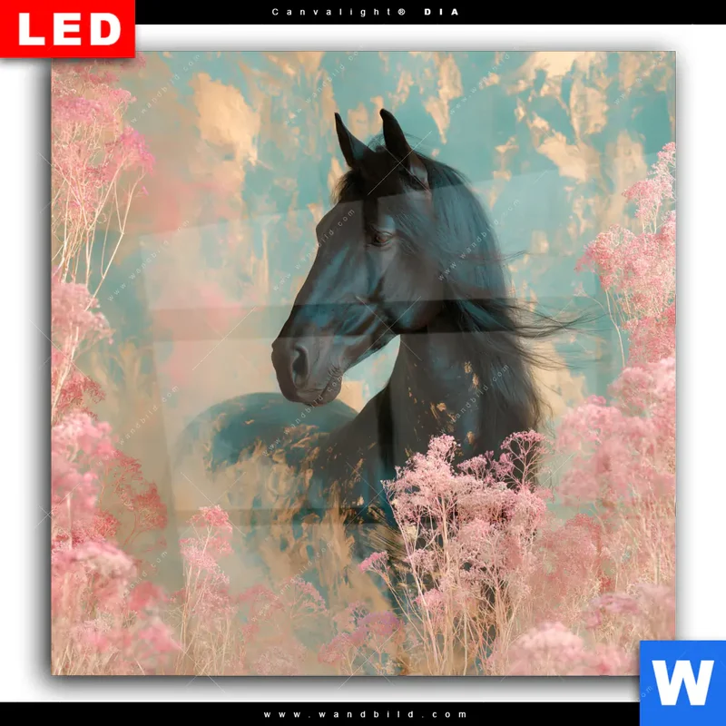 Wechselmotiv Acrylglas Canvalight® DIA | Schwarzes Pferd im Blütenmeer | Quadrat