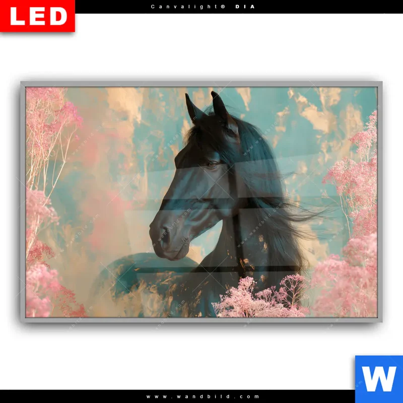 Leuchtbild Acrylglas Canvalight® DIA | Schwarzes Pferd im Blütenmeer | Querformat