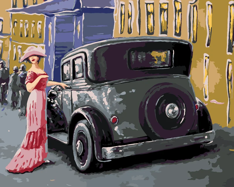 Diamond painting - DAME IM ROSA KLEID AM AUTO