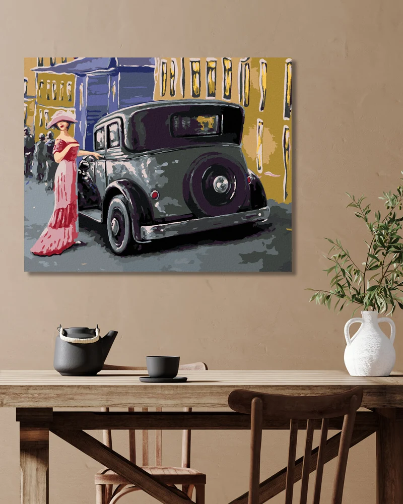 Diamond painting - DAME IM ROSA KLEID AM AUTO