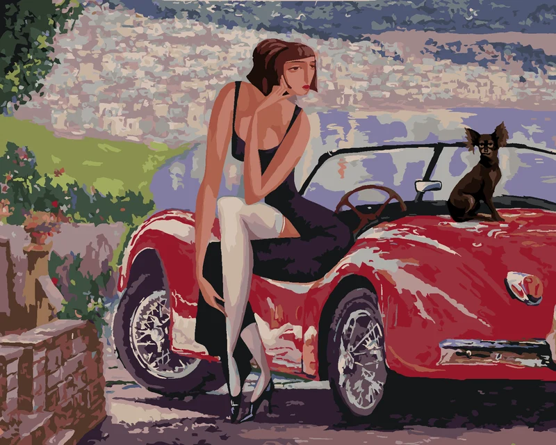 Diamond painting - DAME AUF EINEM ALTEN CABRIO SITZEND