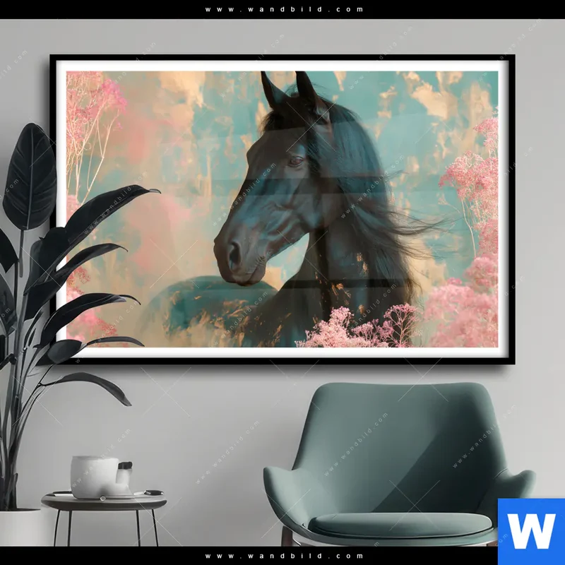 Poster | Schwarzes Pferd im Blütenmeer | Querformat