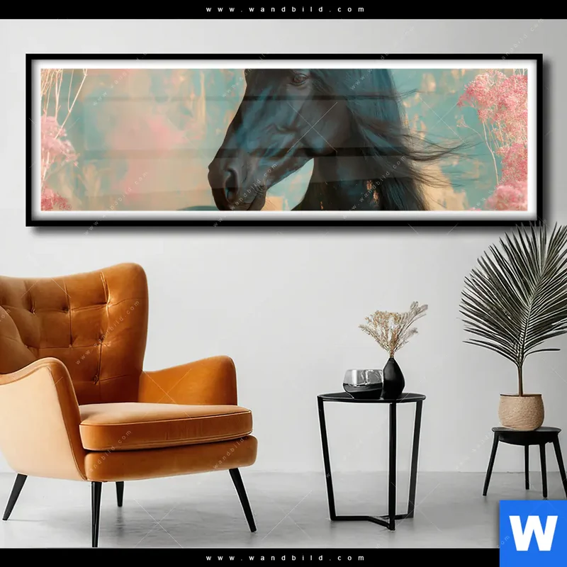 Poster | Schwarzes Pferd im Blütenmeer | Panorama