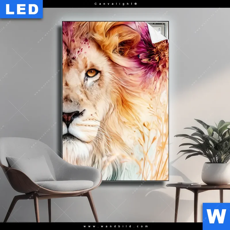 Canvalight® Leuchtbild | Florale Stärke – Der Löwe | Hochformat
