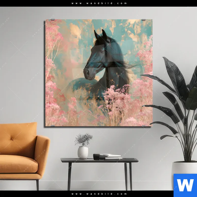 Acrylglasbild | Schwarzes Pferd im Blütenmeer | Quadrat