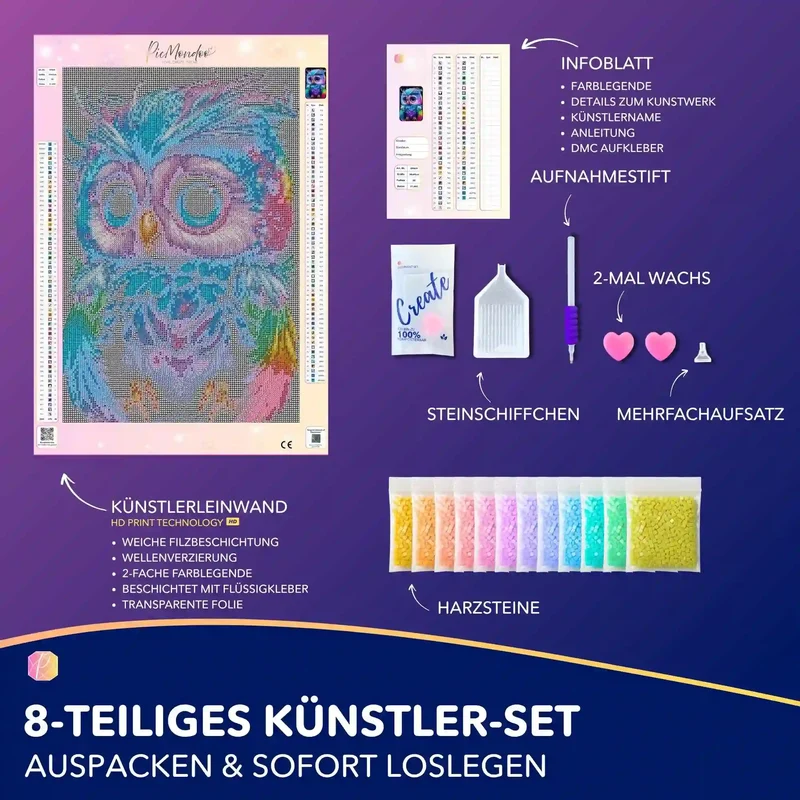 Diamond Painting - Kleine bunte Eule im Rausch der Farben