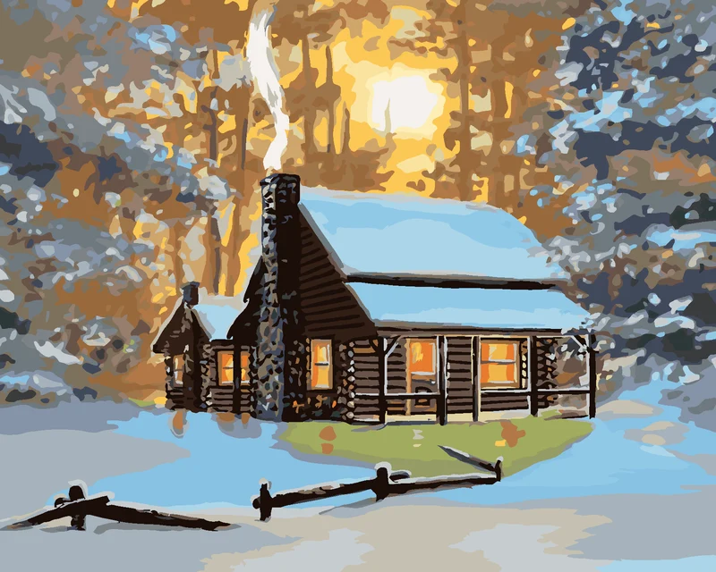 Diamond painting - HÜTTE IM WINTER UND SONNENUNTERGANG (D. RUSTY RUST)