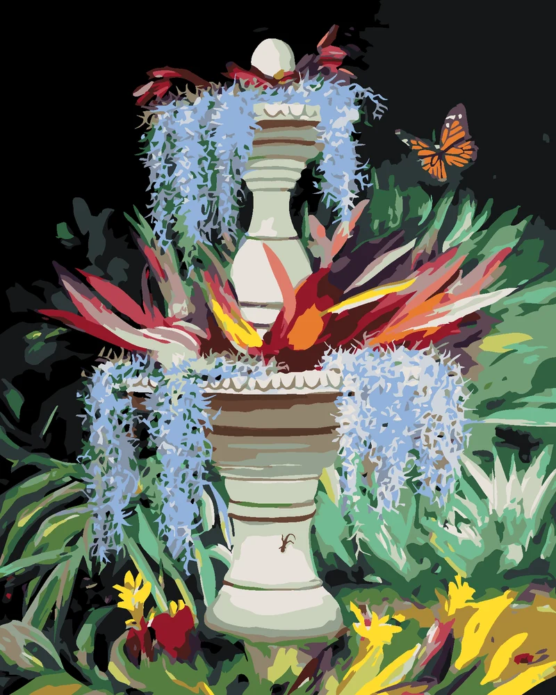 Diamond painting - SPRINGBRUNNEN, BLUMEN UND SCHMETTERLING (D. RUSTY RUST)