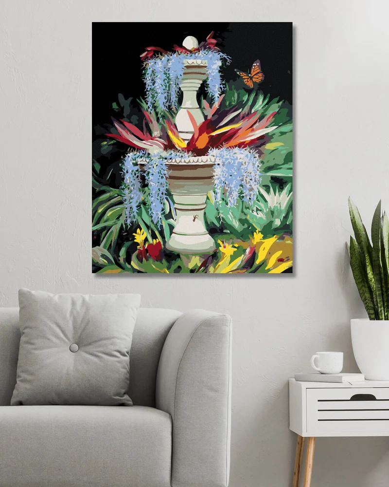 Diamond painting - SPRINGBRUNNEN, BLUMEN UND SCHMETTERLING (D. RUSTY RUST)