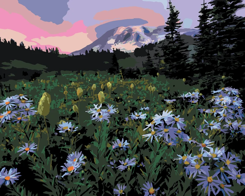 Diamond painting - LILA BLUMEN AM FUSS EINES BERGES (DENNIS FRATES)