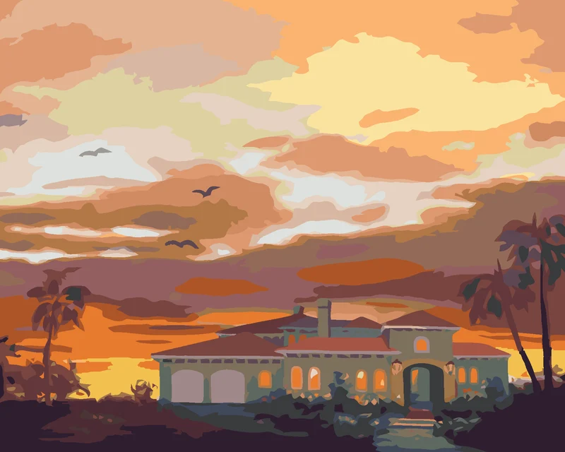 Diamond painting - HAUS, PALMEN UND SONNENUNTERGANG (D. RUSTY RUST)