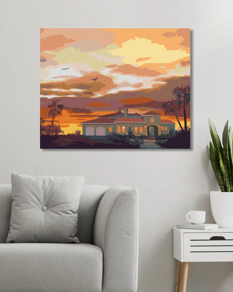 Diamond painting - HAUS, PALMEN UND SONNENUNTERGANG (D. RUSTY RUST)