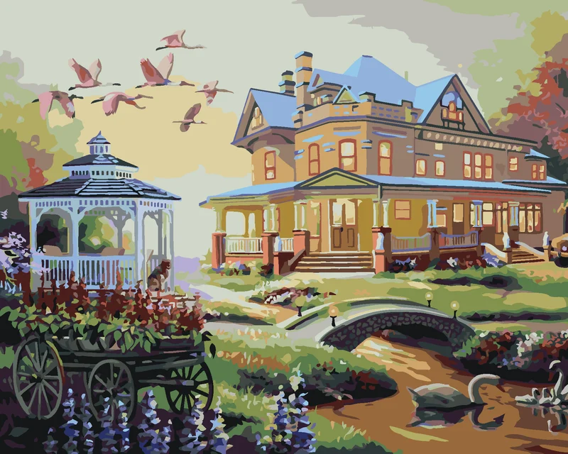 Diamond painting - HAUS MIT PAVILLON UND SONNENUNTERGANG (D. RUSTY RUST)