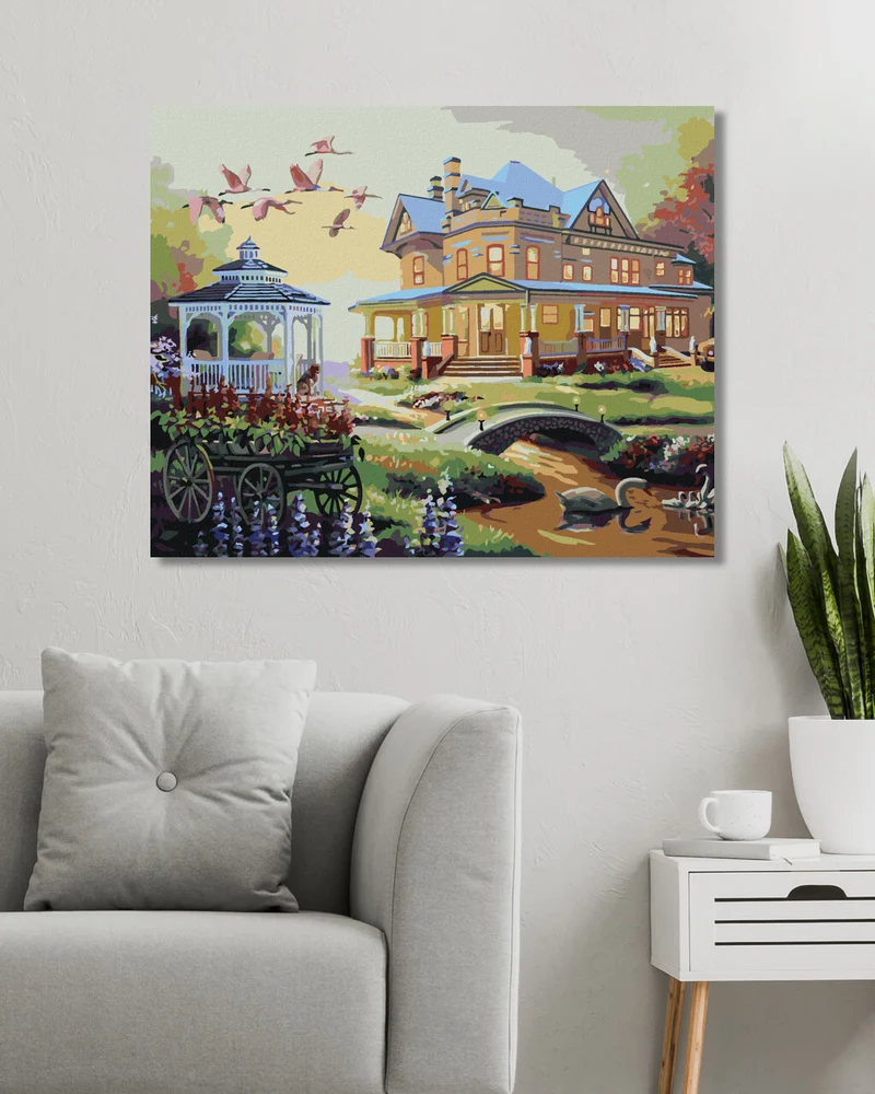 Diamond painting - HAUS MIT PAVILLON UND SONNENUNTERGANG (D. RUSTY RUST)