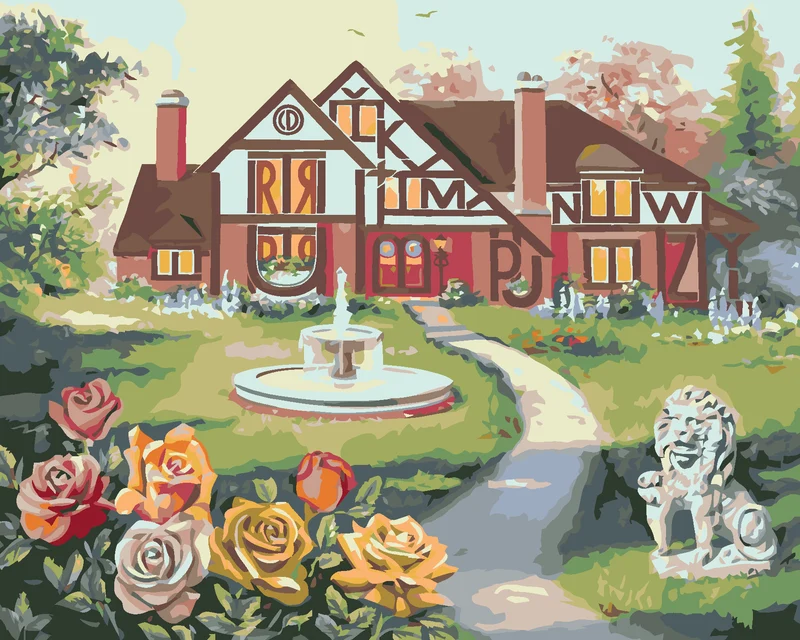 Diamond painting - HAUS MIT BUCHSTABEN UND SPRINGBRUNNEN, ROSE UND LÖWENSTATUE (D. RUSTY RUST)