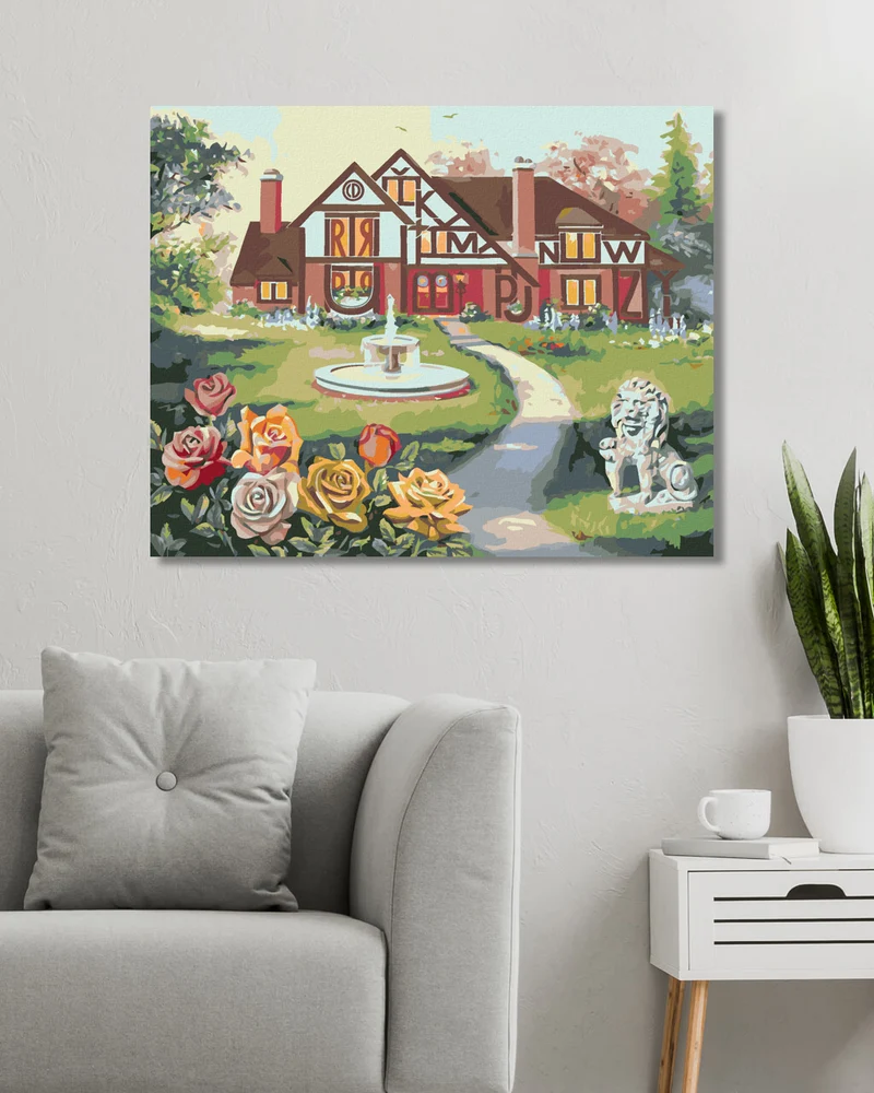 Diamond painting - HAUS MIT BUCHSTABEN UND SPRINGBRUNNEN, ROSE UND LÖWENSTATUE (D. RUSTY RUST)