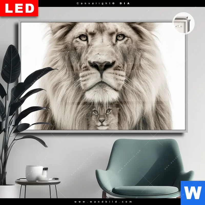 Leuchtbild Acrylglas Canvalight® DIA | Löwenstolz – Vater und Junges | Querformat