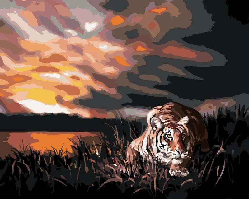 Diamond painting - LAUERNDER TIGER UND SONNENUNTERGANG (D. RUSTY RUST)