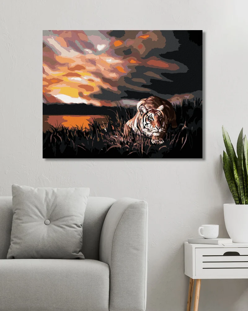 Diamond painting - LAUERNDER TIGER UND SONNENUNTERGANG (D. RUSTY RUST)