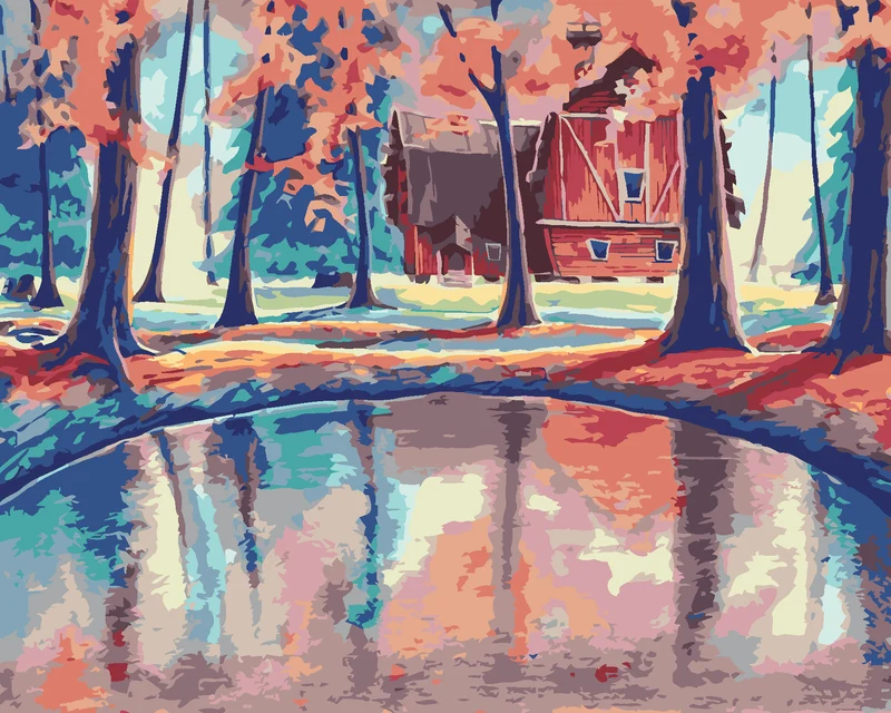 Diamond painting - ROTES HAUS IM WALD MIT EINEM MAGISCHEN SEE