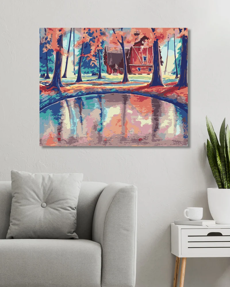 Diamond painting - ROTES HAUS IM WALD MIT EINEM MAGISCHEN SEE