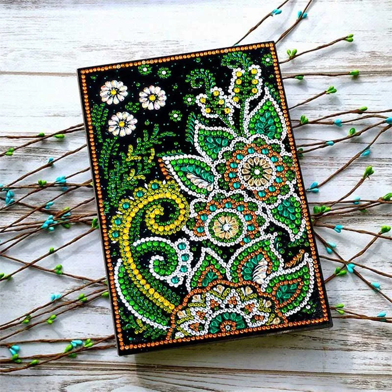 5D Diamond Painting Notizbuch – Smaragdblüte mit Goldakzent