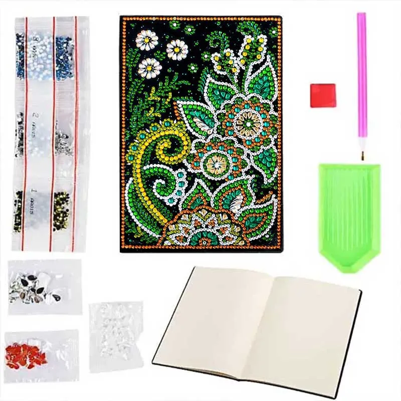 5D Diamond Painting Notizbuch – Smaragdblüte mit Goldakzent