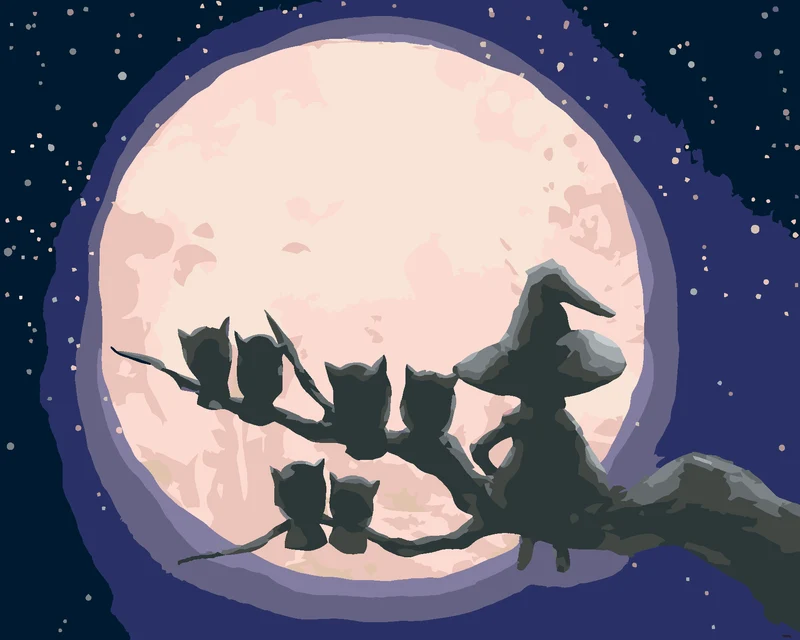 Diamond painting - HEXE UND EULEN SITZEN DEM MOND GEGENÜBER