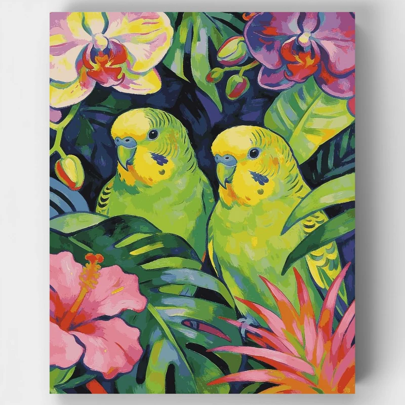 "Two Green Budgies Among Tropical Flowers" Paint by Numbers Kit