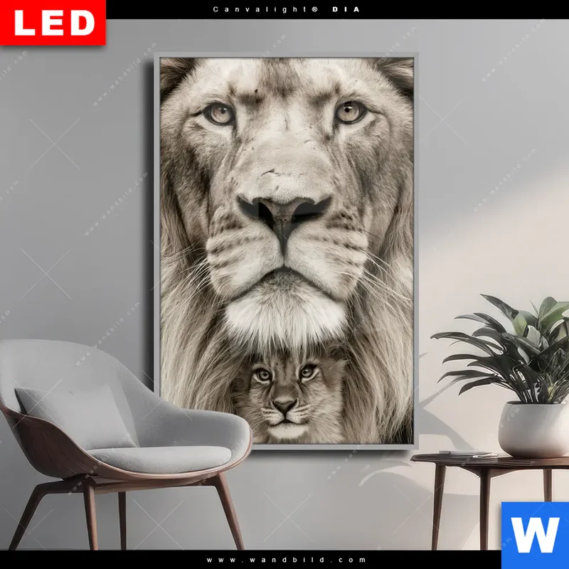Wechselmotiv Acrylglas Canvalight® DIA | Löwenstolz – Vater und Junges | Hochformat