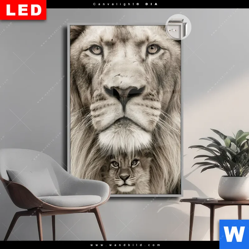 Leuchtbild Acrylglas Canvalight® DIA | Löwenstolz – Vater und Junges | Hochformat
