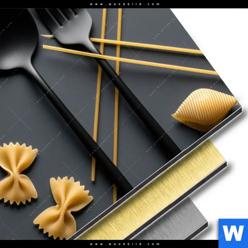 Aluminiumbild gebürstet | Pasta – Stilvoll serviert | Querformat
