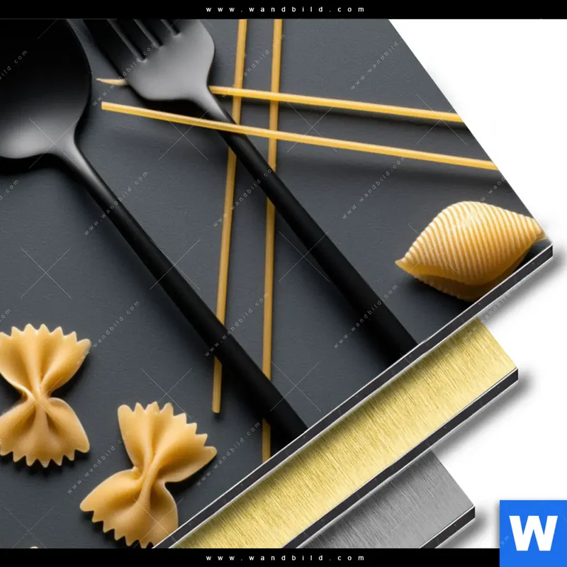 Aluminiumbild gebürstet | Pasta – Stilvoll serviert | Hochformat