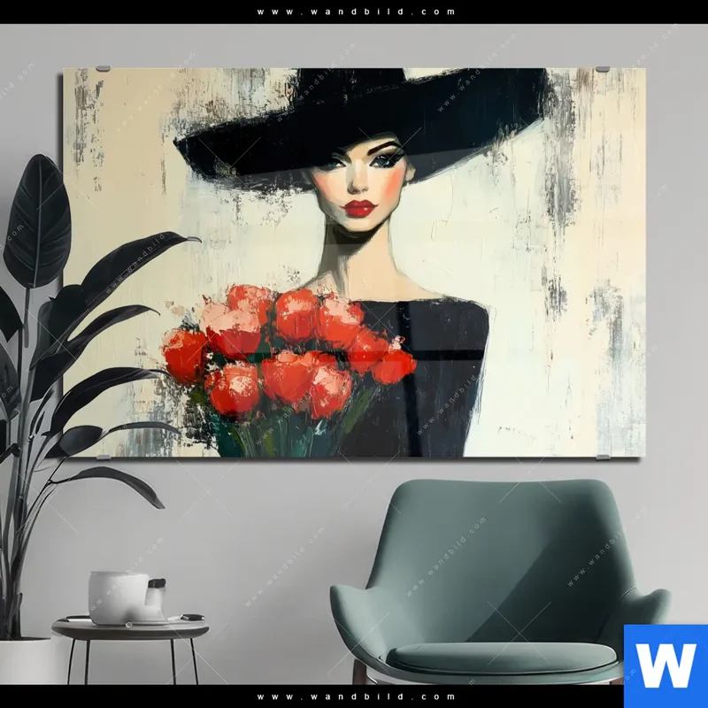 Acrylglasbild | Dame mit roten Tulpen | Querformat