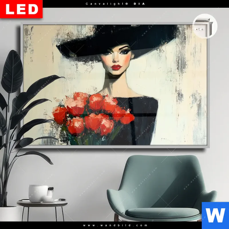 Leuchtbild Acrylglas Canvalight® DIA | Dame mit roten Tulpen | Querformat