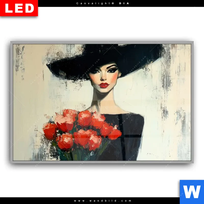 Leuchtbild Acrylglas Canvalight® DIA | Dame mit roten Tulpen | Querformat