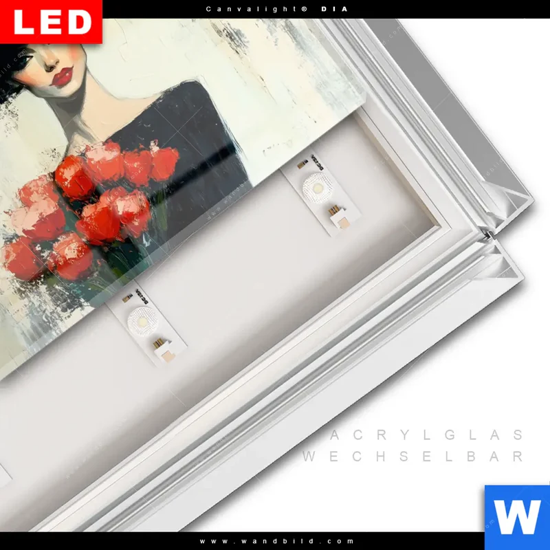 Leuchtbild Acrylglas Canvalight® DIA | Dame mit roten Tulpen | Querformat