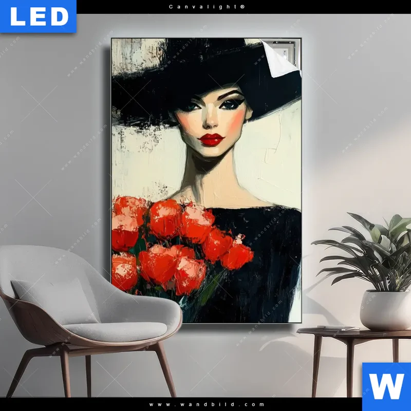 Canvalight® Leuchtbild | Dame mit roten Tulpen | Hochformat