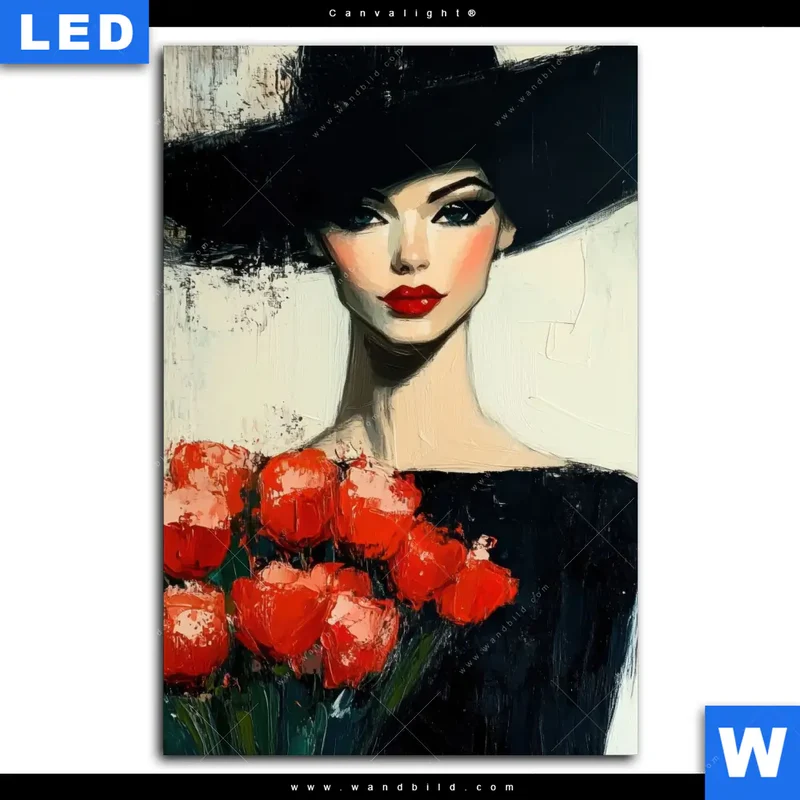 Canvalight® Leuchtbild | Dame mit roten Tulpen | Hochformat