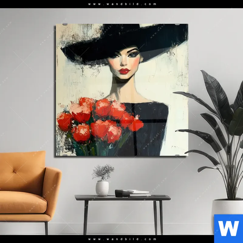 Acrylglasbild | Dame mit roten Tulpen | Quadrat