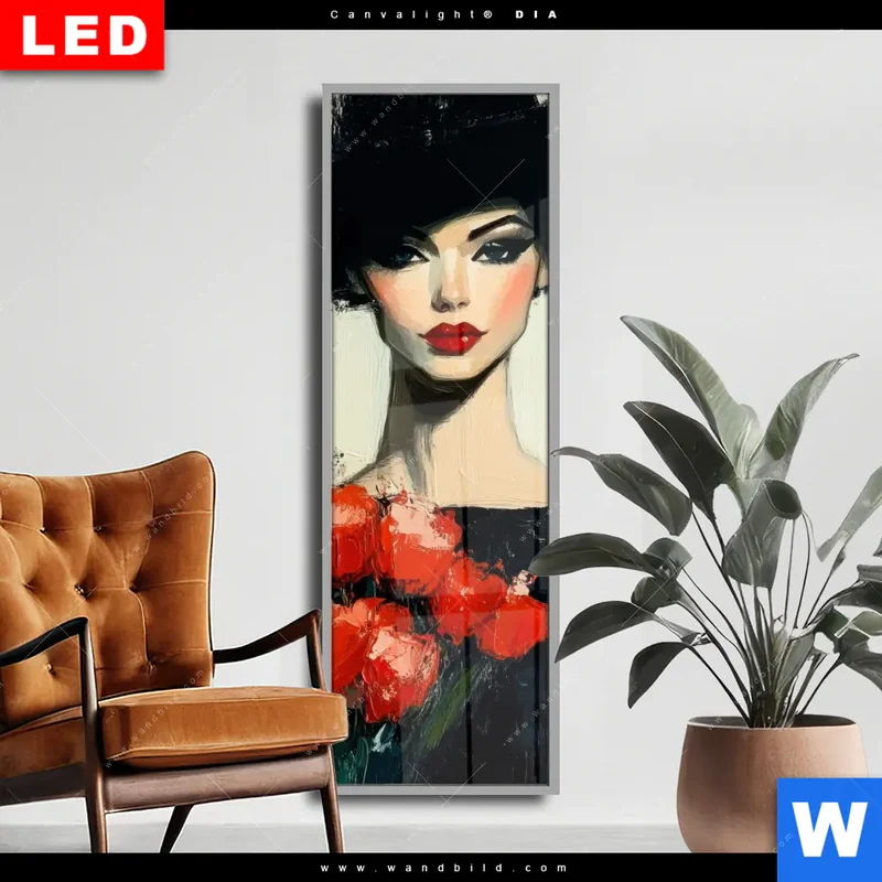 Wechselmotiv Acrylglas Canvalight® DIA | Dame mit roten Tulpen | Schmal